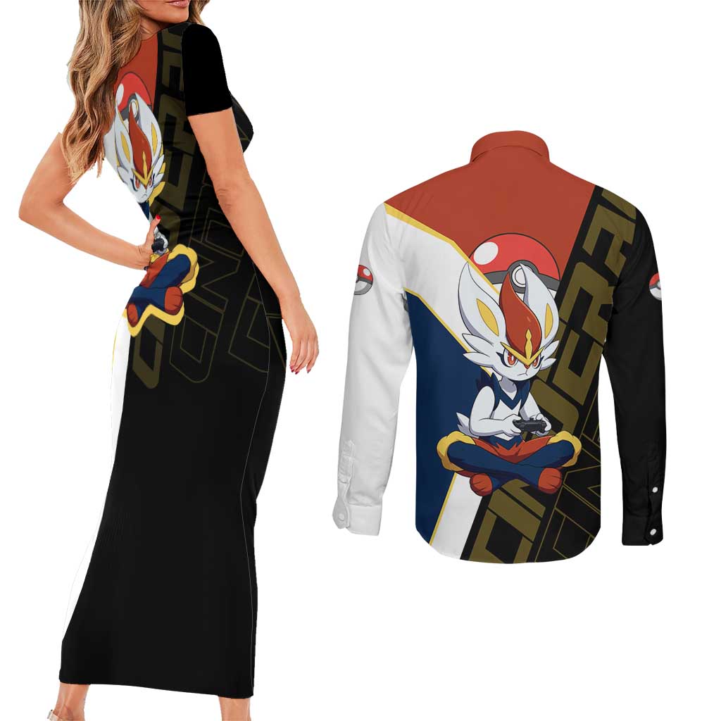 Cinderace Poké Couples Matching Short Sleeve Bodycon Dress and Long Sleeve Button Shirt Dynamic Retro Anime Style