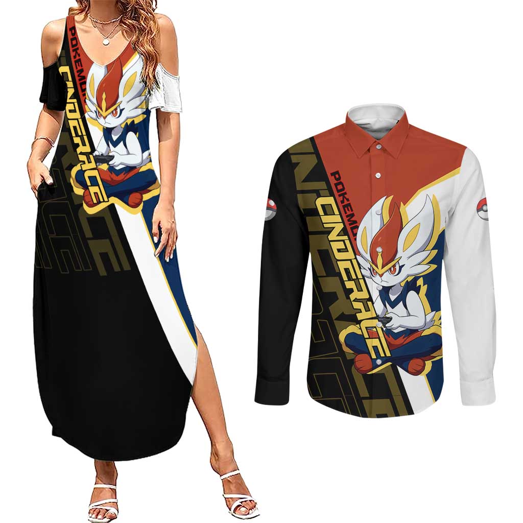 Cinderace Poké Couples Matching Summer Maxi Dress and Long Sleeve Button Shirt Dynamic Retro Anime Style