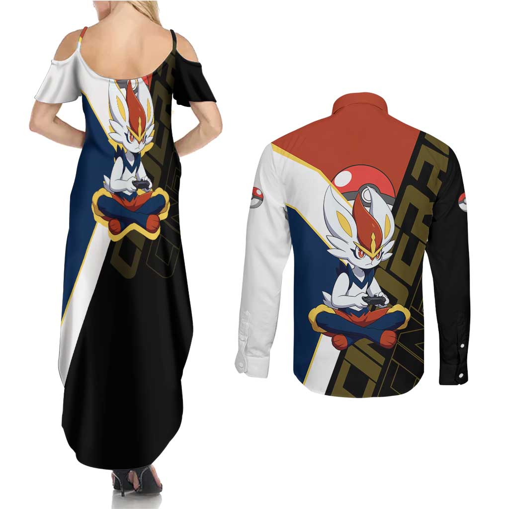 Cinderace Poké Couples Matching Summer Maxi Dress and Long Sleeve Button Shirt Dynamic Retro Anime Style