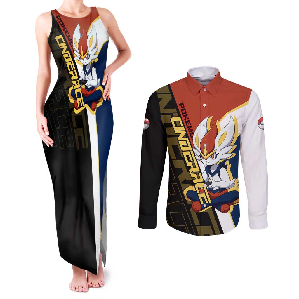 Cinderace Poké Couples Matching Tank Maxi Dress and Long Sleeve Button Shirt Dynamic Retro Anime Style