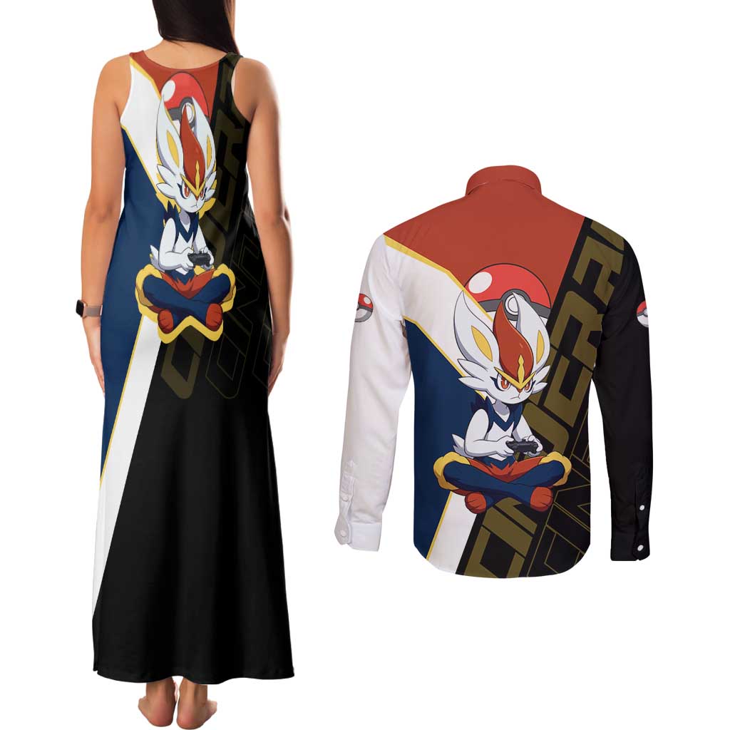 Cinderace Poké Couples Matching Tank Maxi Dress and Long Sleeve Button Shirt Dynamic Retro Anime Style