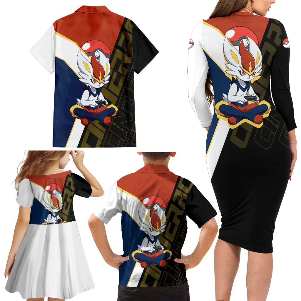 Cinderace Poké Family Matching Long Sleeve Bodycon Dress and Hawaiian Shirt Dynamic Retro Anime Style