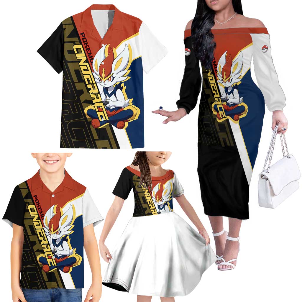 Cinderace Poké Family Matching Off The Shoulder Long Sleeve Dress and Hawaiian Shirt Dynamic Retro Anime Style