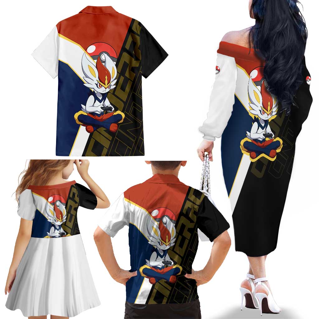 Cinderace Poké Family Matching Off The Shoulder Long Sleeve Dress and Hawaiian Shirt Dynamic Retro Anime Style