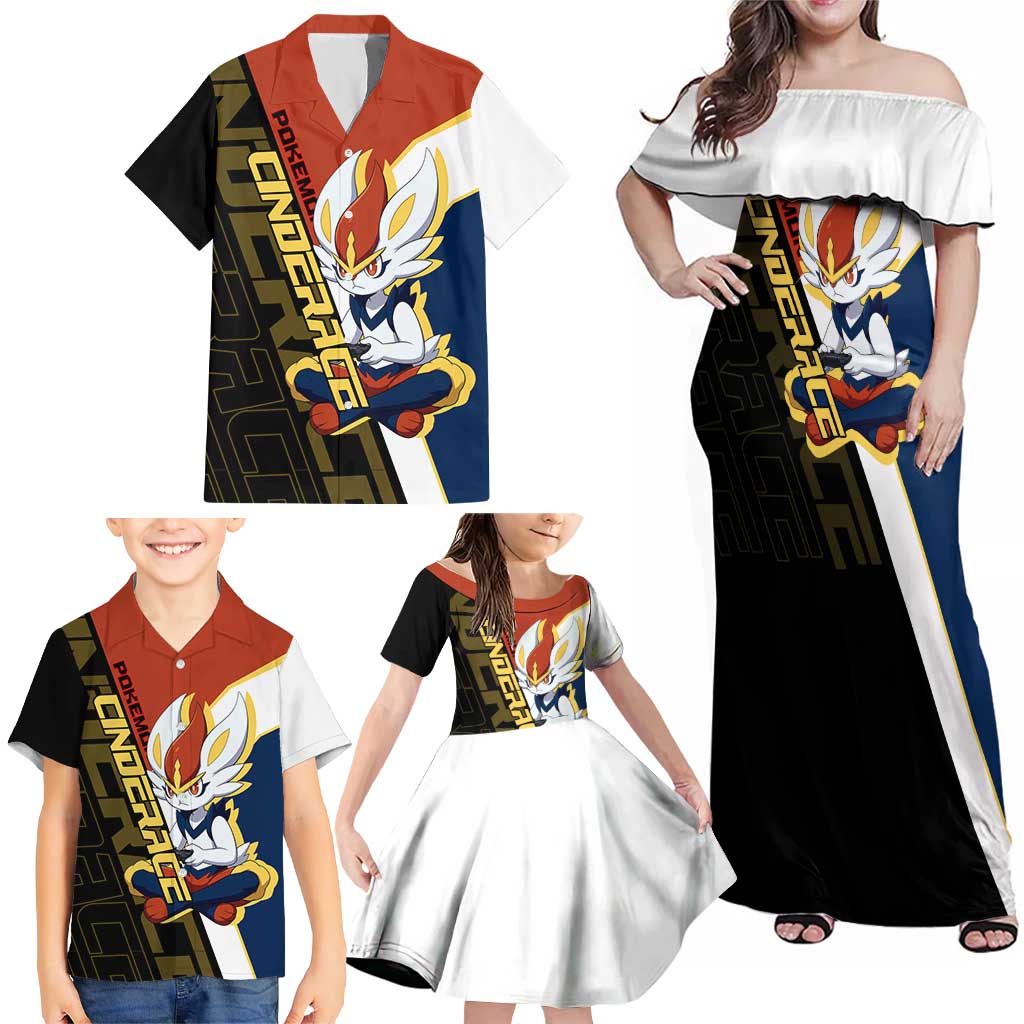 Cinderace Poké Family Matching Off Shoulder Maxi Dress and Hawaiian Shirt Dynamic Retro Anime Style