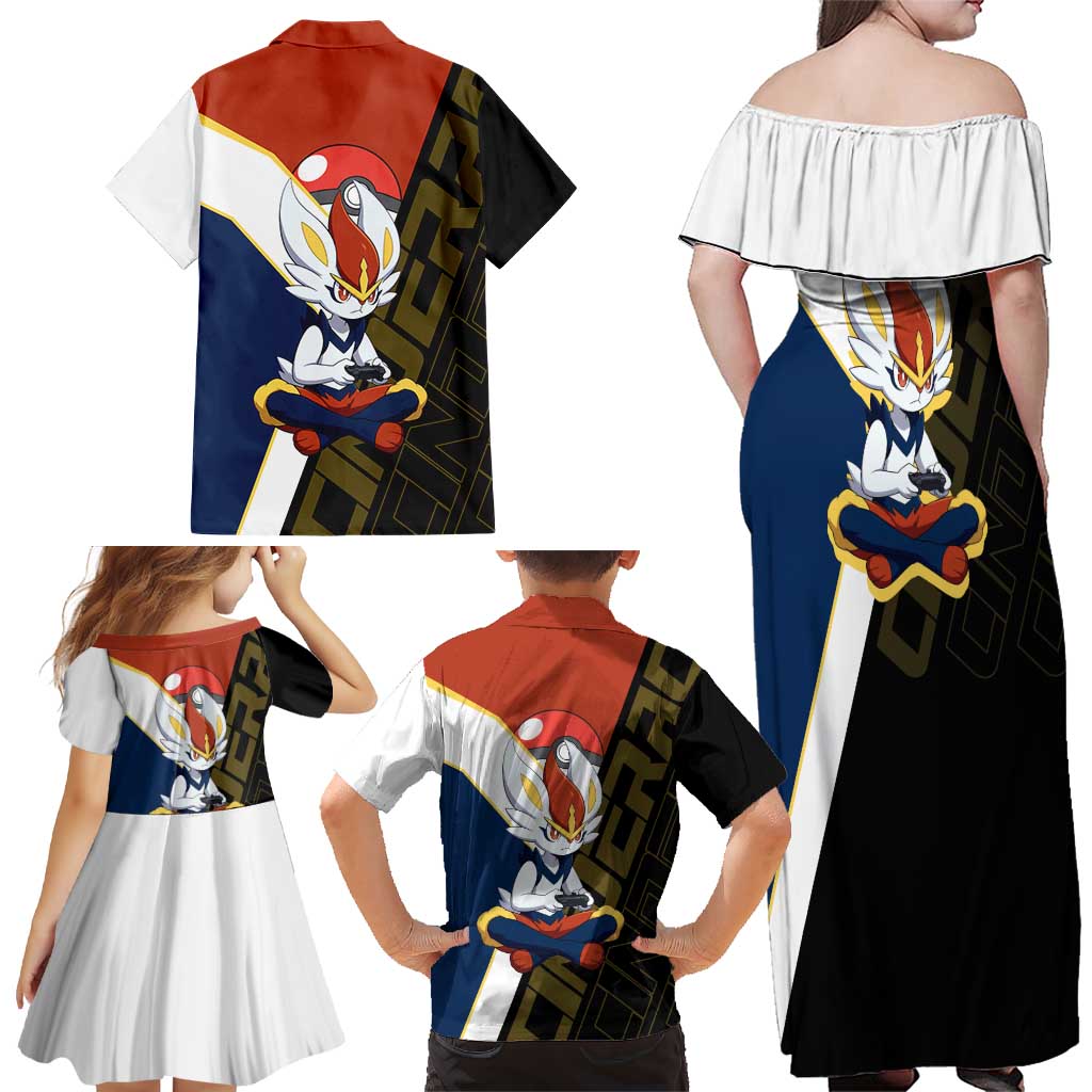 Cinderace Poké Family Matching Off Shoulder Maxi Dress and Hawaiian Shirt Dynamic Retro Anime Style