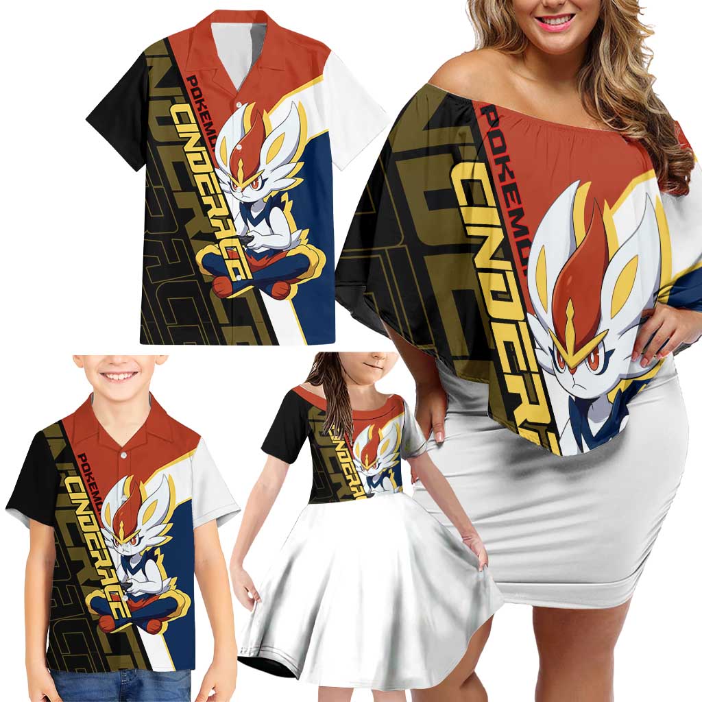 Cinderace Poké Family Matching Off Shoulder Short Dress and Hawaiian Shirt Dynamic Retro Anime Style
