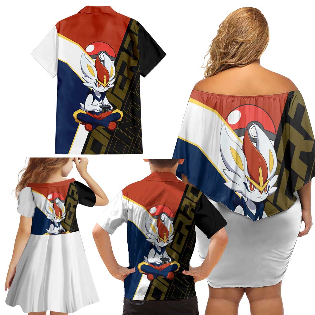 Cinderace Poké Family Matching Off Shoulder Short Dress and Hawaiian Shirt Dynamic Retro Anime Style