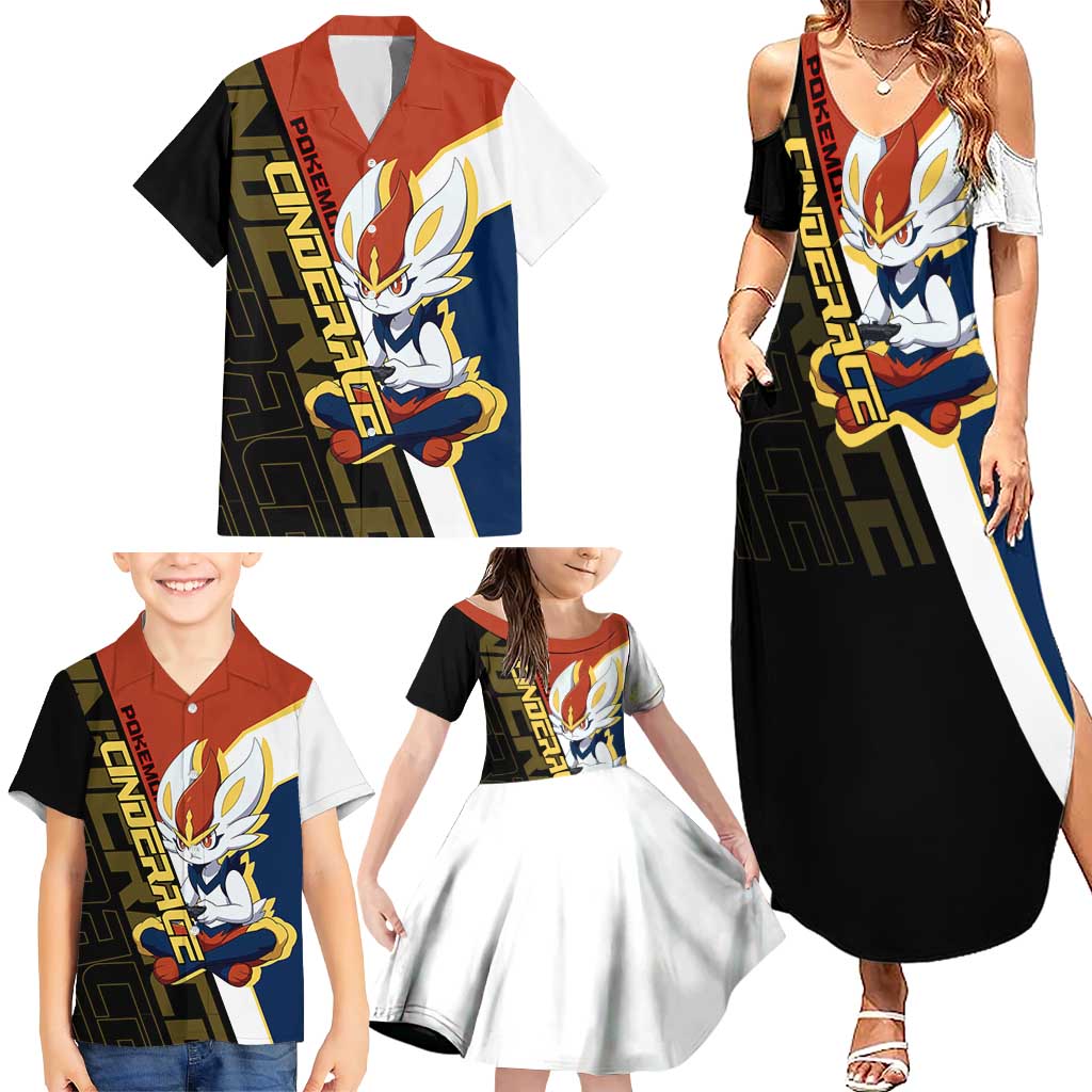 Cinderace Poké Family Matching Summer Maxi Dress and Hawaiian Shirt Dynamic Retro Anime Style