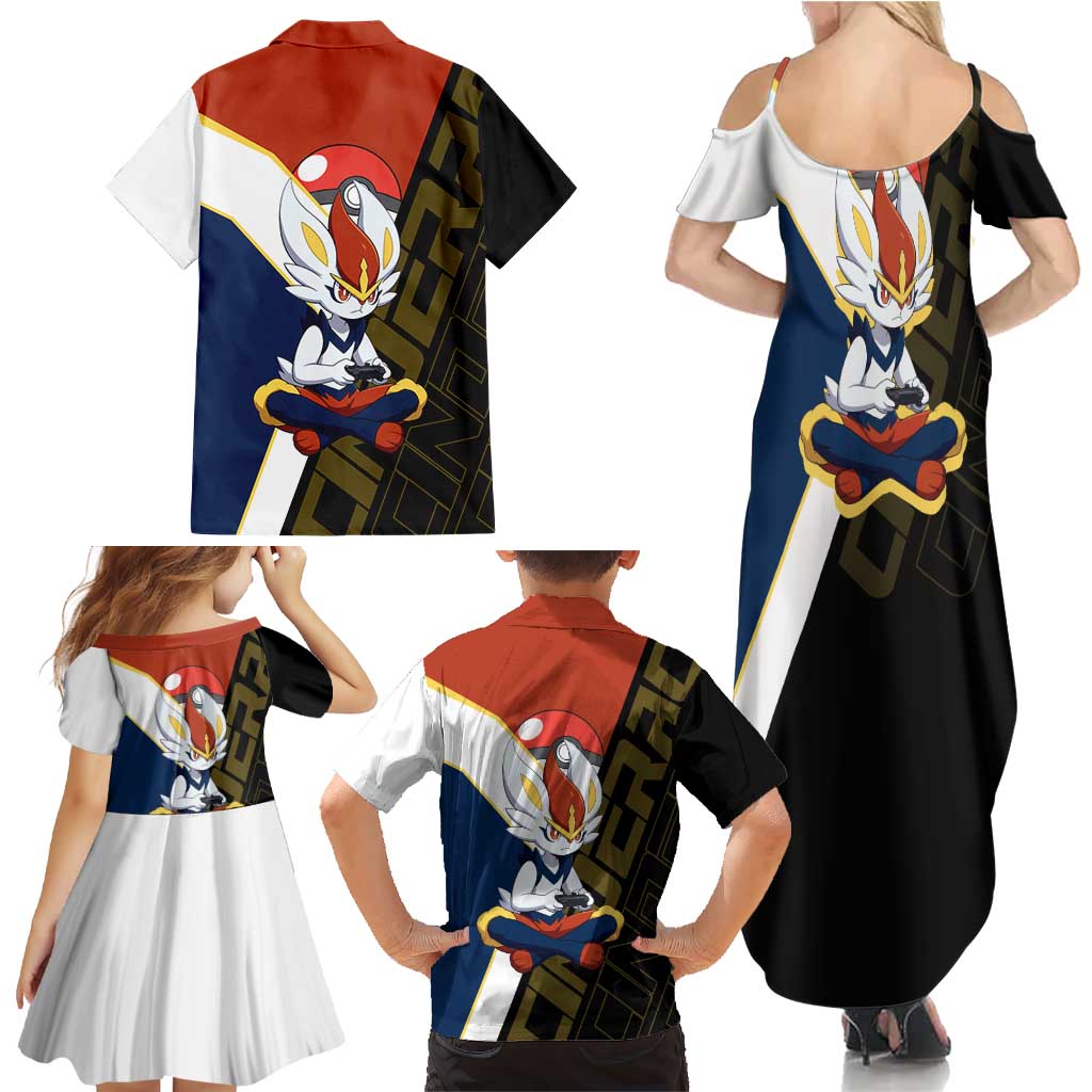 Cinderace Poké Family Matching Summer Maxi Dress and Hawaiian Shirt Dynamic Retro Anime Style