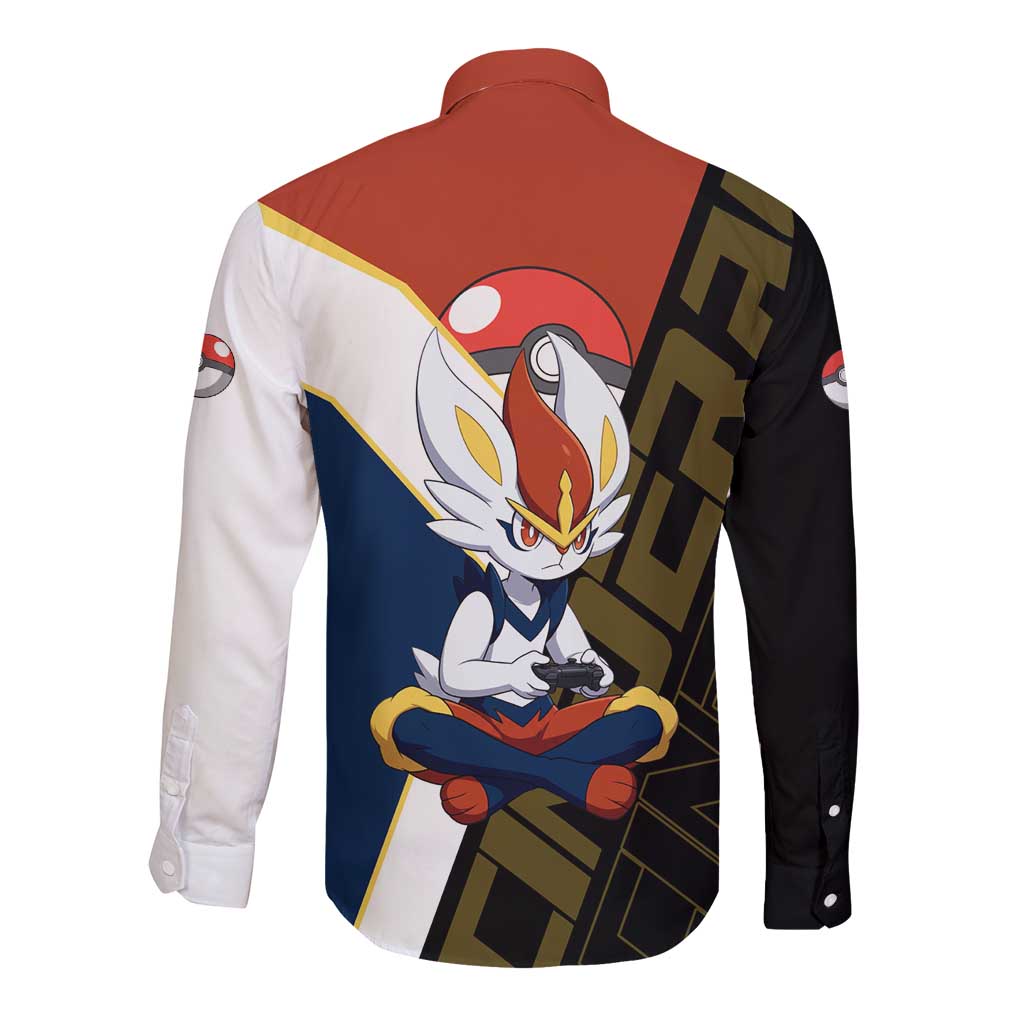 Cinderace Poké Long Sleeve Button Shirt Dynamic Retro Anime Style