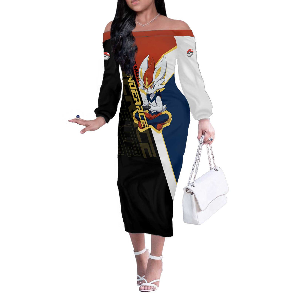 Cinderace Poké Off The Shoulder Long Sleeve Dress Dynamic Retro Anime Style