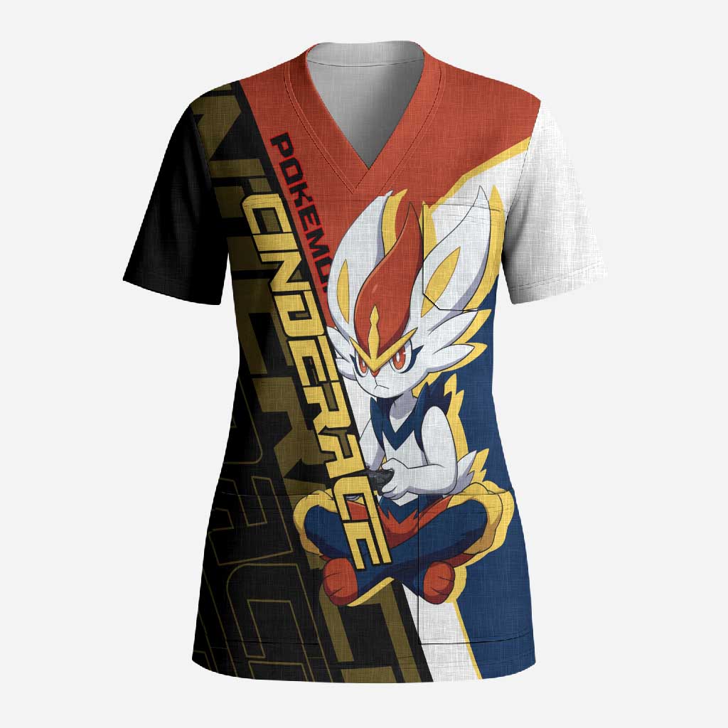 Cinderace Poké Scrub Top Dynamic Retro Anime Style