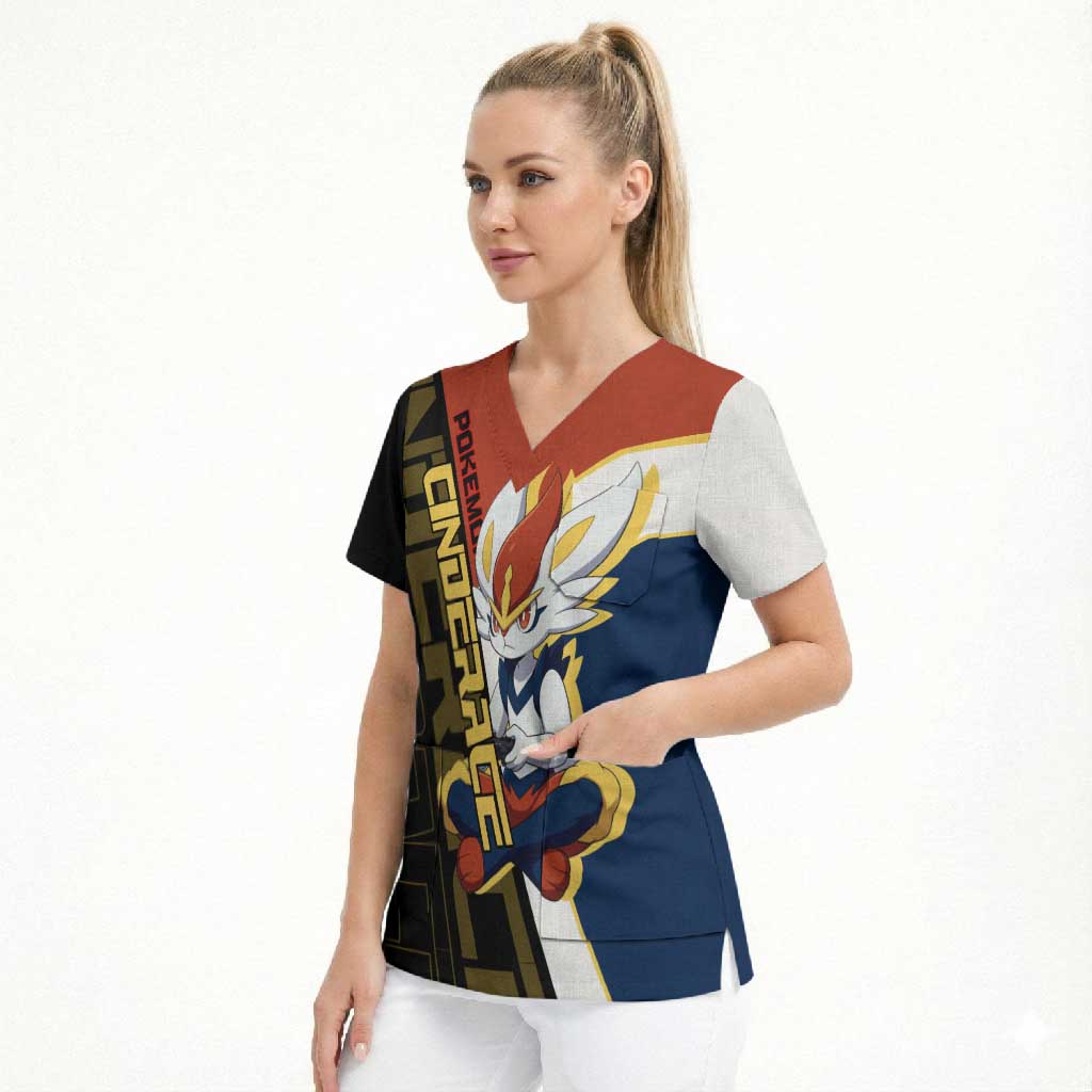 Cinderace Poké Scrub Top Dynamic Retro Anime Style