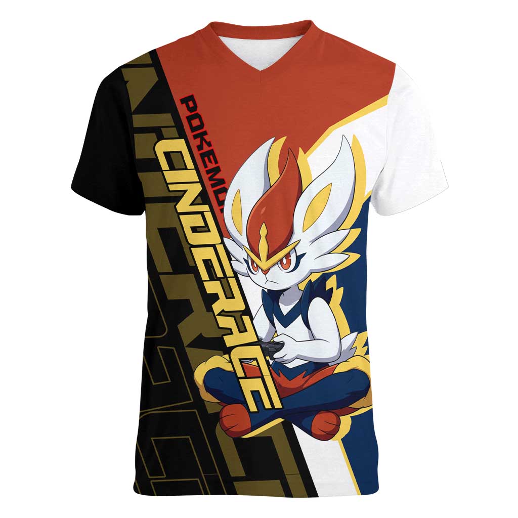 Cinderace Poké Women V-Neck T-Shirt Dynamic Retro Anime Style