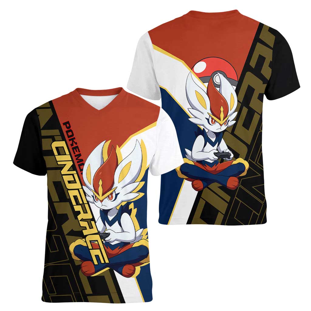 Cinderace Poké Women V-Neck T-Shirt Dynamic Retro Anime Style