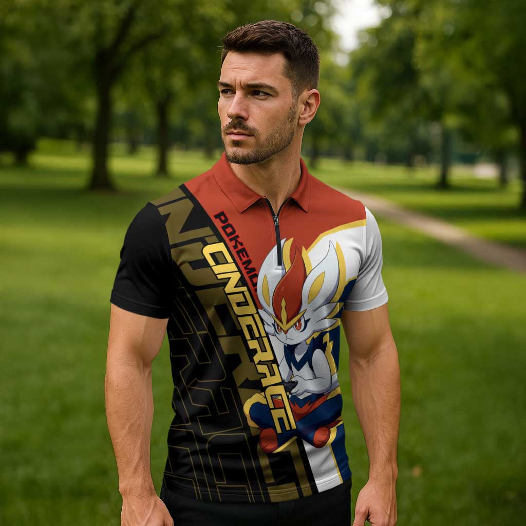 Cinderace Poké Zipper Polo Shirt Dynamic Retro Anime Style