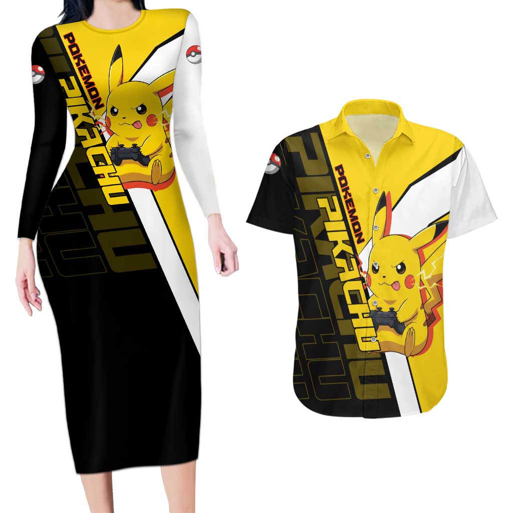 Pikachu Poké Couples Matching Long Sleeve Bodycon Dress and Hawaiian Shirt Vibrant Retro Anime Style