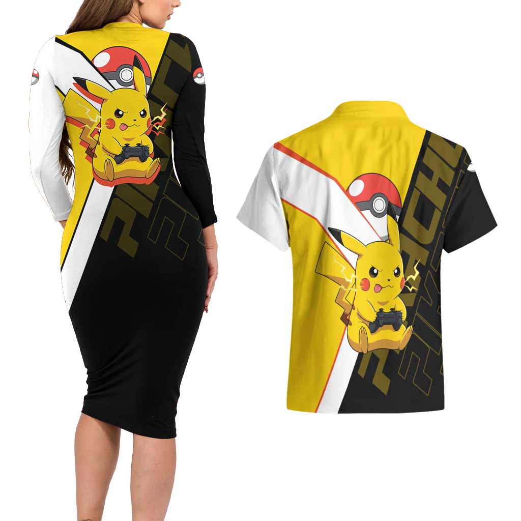 Pikachu Poké Couples Matching Long Sleeve Bodycon Dress and Hawaiian Shirt Vibrant Retro Anime Style