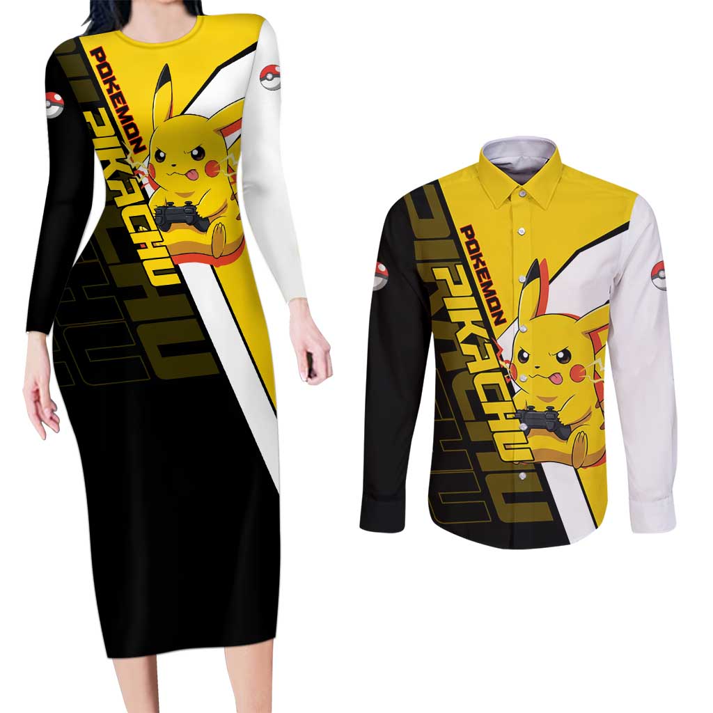 Pikachu Poké Couples Matching Long Sleeve Bodycon Dress and Long Sleeve Button Shirt Vibrant Retro Anime Style