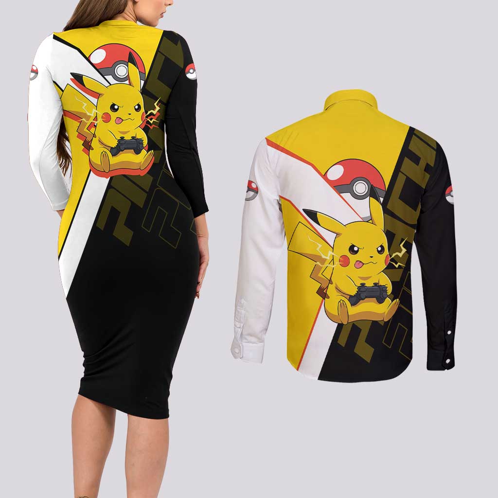 Pikachu Poké Couples Matching Long Sleeve Bodycon Dress and Long Sleeve Button Shirt Vibrant Retro Anime Style