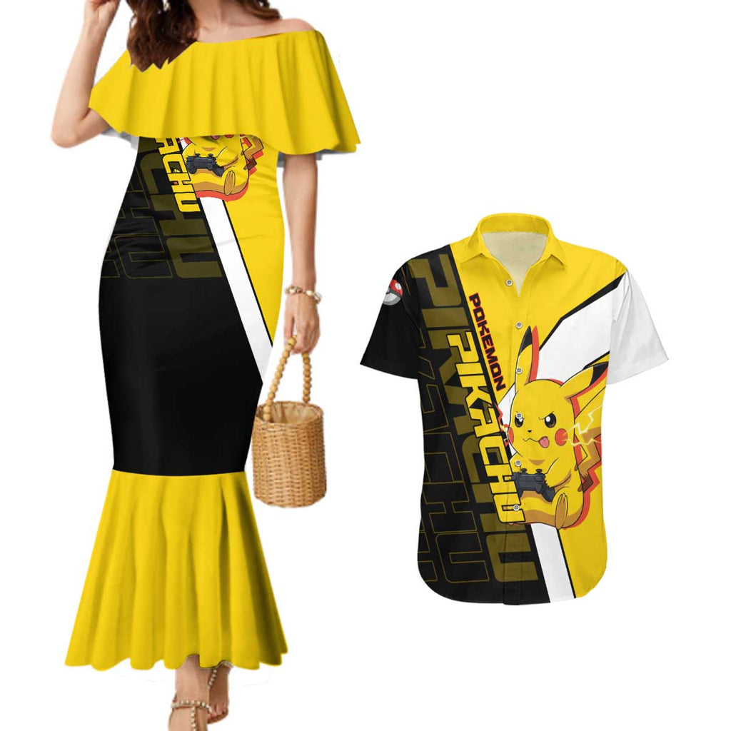 Pikachu Poké Couples Matching Mermaid Dress and Hawaiian Shirt Vibrant Retro Anime Style