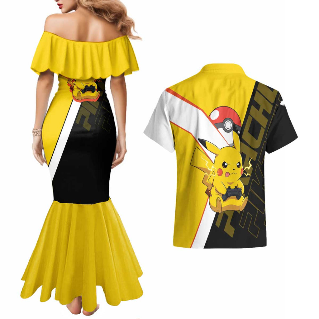 Pikachu Poké Couples Matching Mermaid Dress and Hawaiian Shirt Vibrant Retro Anime Style