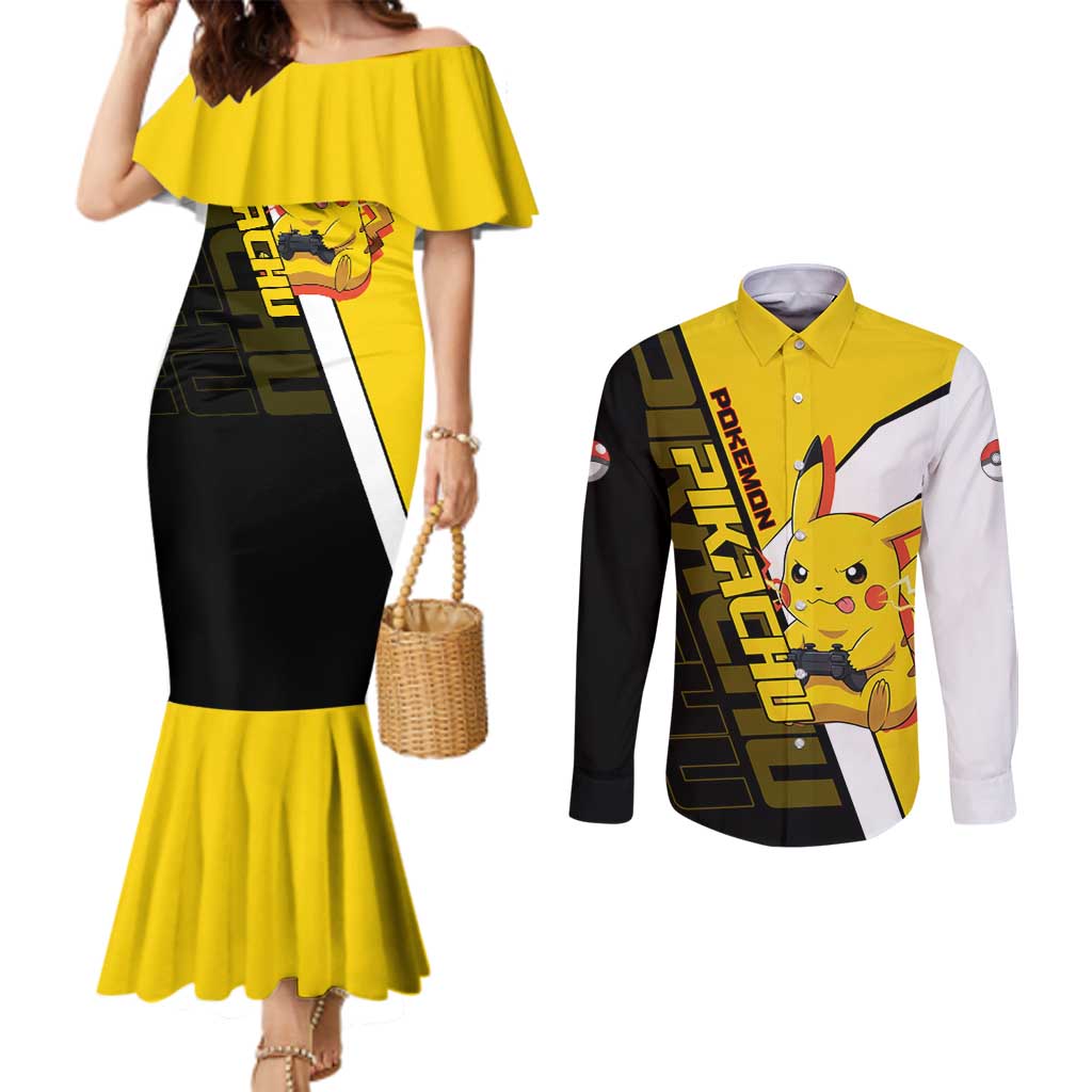 Pikachu Poké Couples Matching Mermaid Dress and Long Sleeve Button Shirt Vibrant Retro Anime Style