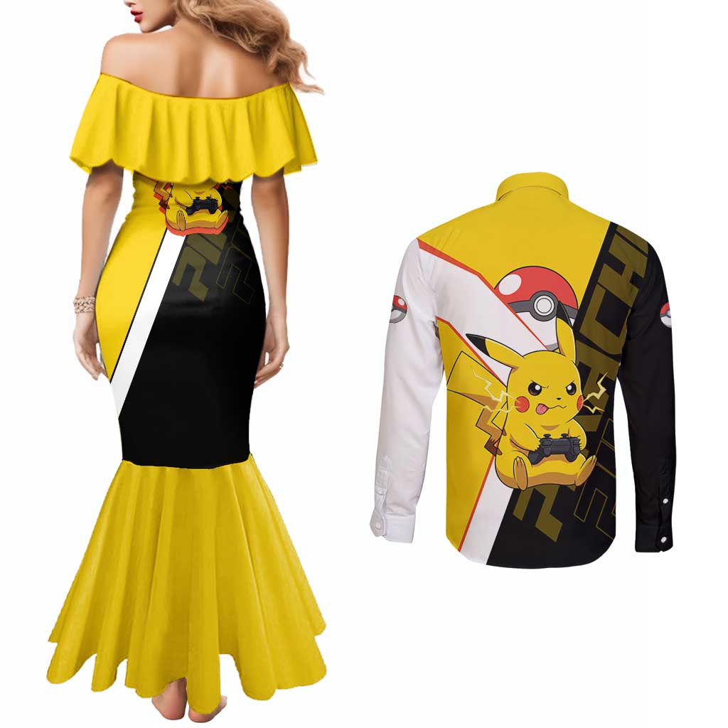 Pikachu Poké Couples Matching Mermaid Dress and Long Sleeve Button Shirt Vibrant Retro Anime Style