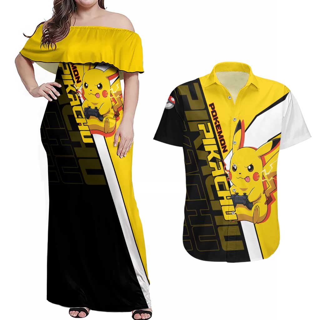 Pikachu Poké Couples Matching Off Shoulder Maxi Dress and Hawaiian Shirt Vibrant Retro Anime Style