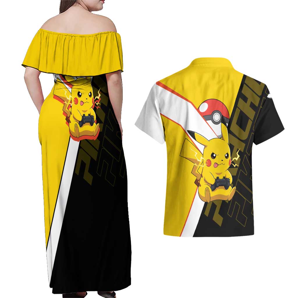 Pikachu Poké Couples Matching Off Shoulder Maxi Dress and Hawaiian Shirt Vibrant Retro Anime Style