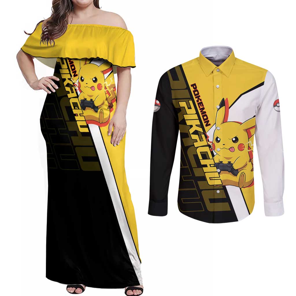Pikachu Poké Couples Matching Off Shoulder Maxi Dress and Long Sleeve Button Shirt Vibrant Retro Anime Style