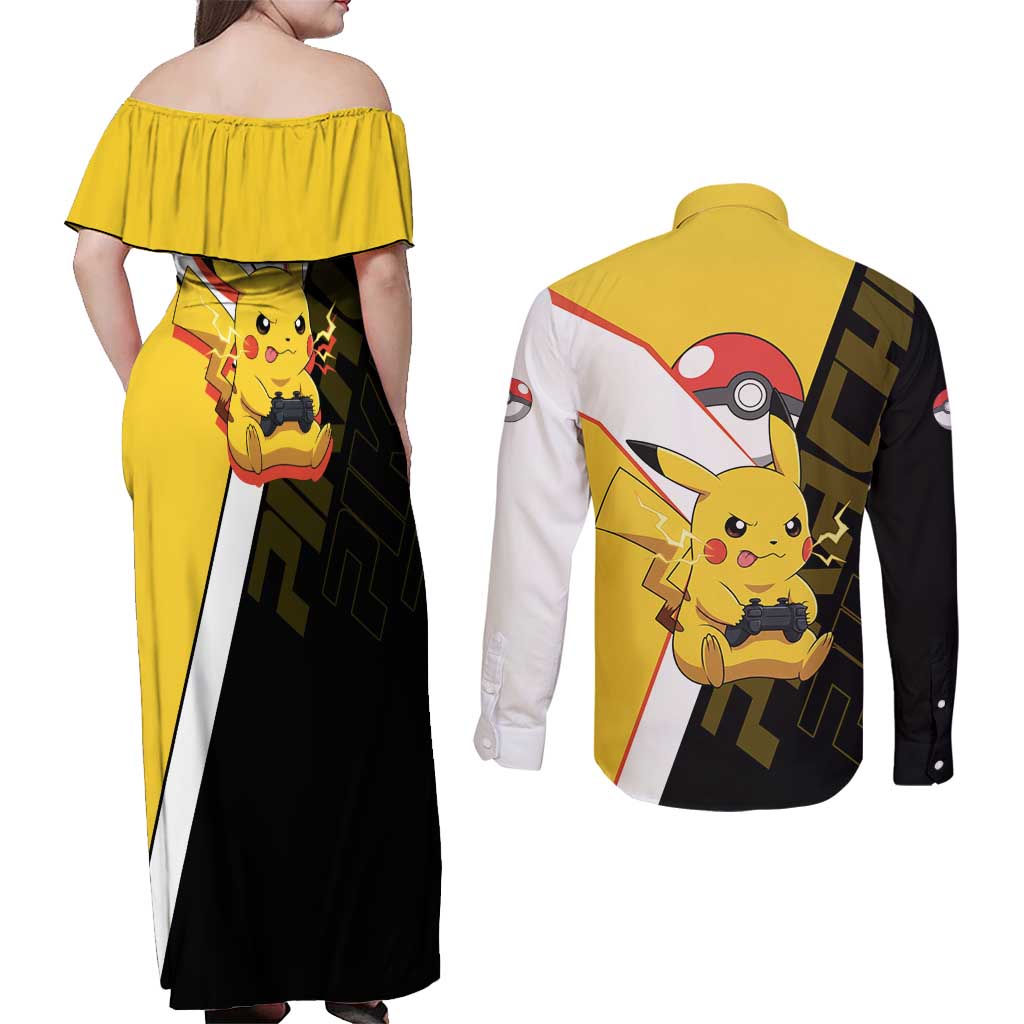 Pikachu Poké Couples Matching Off Shoulder Maxi Dress and Long Sleeve Button Shirt Vibrant Retro Anime Style