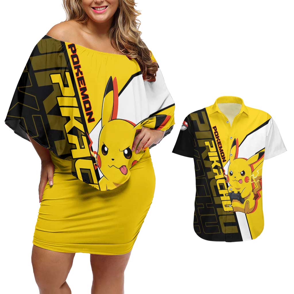 Pikachu Poké Couples Matching Off Shoulder Short Dress and Hawaiian Shirt Vibrant Retro Anime Style