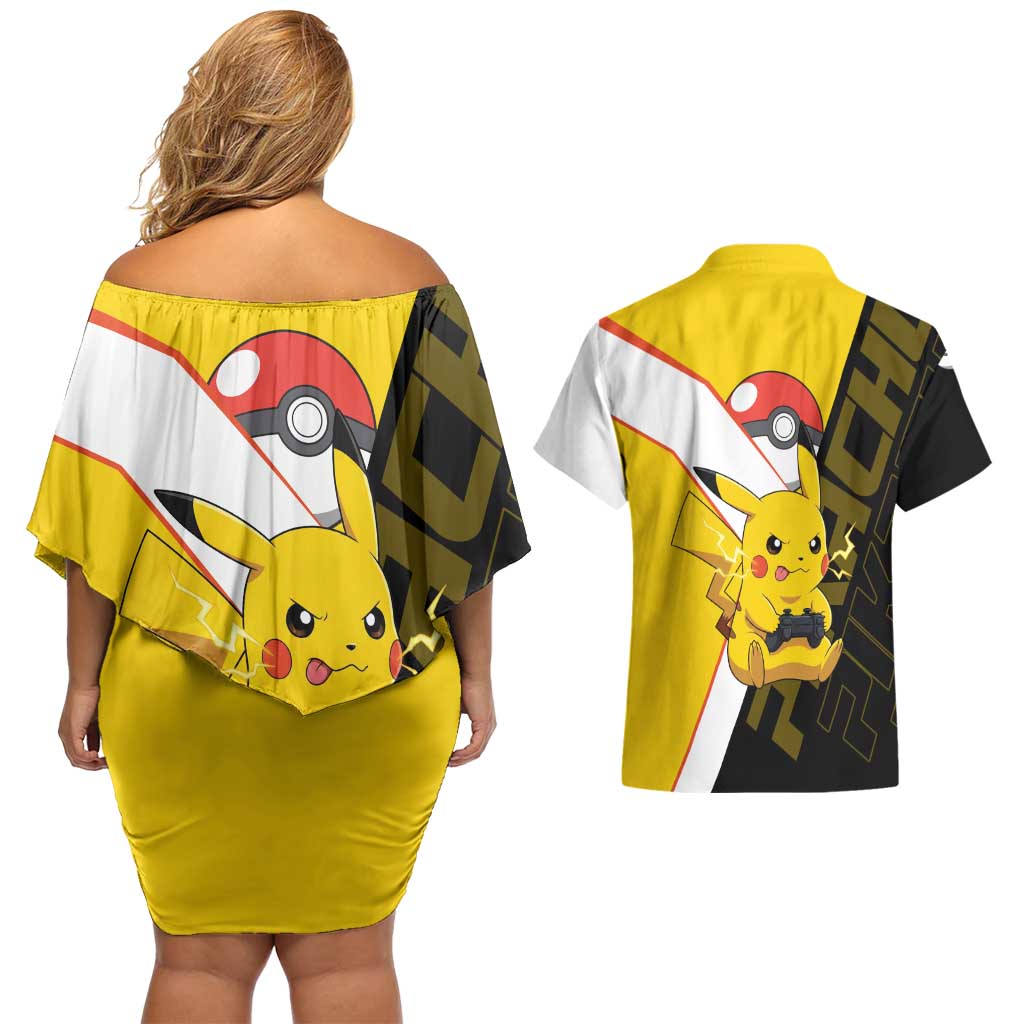 Pikachu Poké Couples Matching Off Shoulder Short Dress and Hawaiian Shirt Vibrant Retro Anime Style