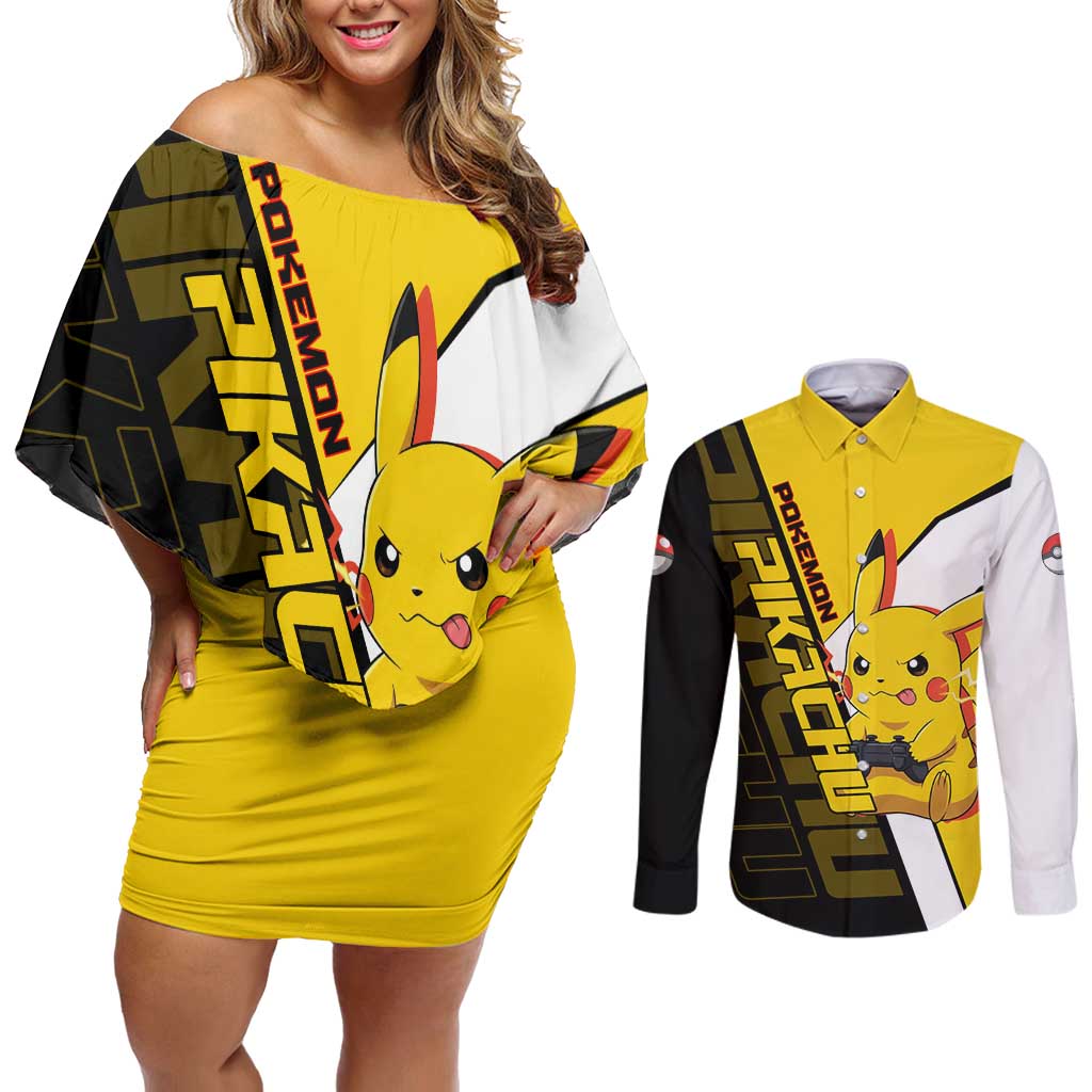 Pikachu Poké Couples Matching Off Shoulder Short Dress and Long Sleeve Button Shirt Vibrant Retro Anime Style