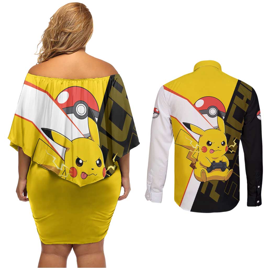 Pikachu Poké Couples Matching Off Shoulder Short Dress and Long Sleeve Button Shirt Vibrant Retro Anime Style