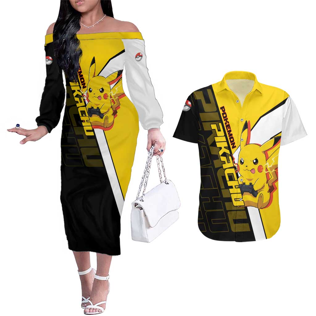 Pikachu Poké Couples Matching Off The Shoulder Long Sleeve Dress and Hawaiian Shirt Vibrant Retro Anime Style