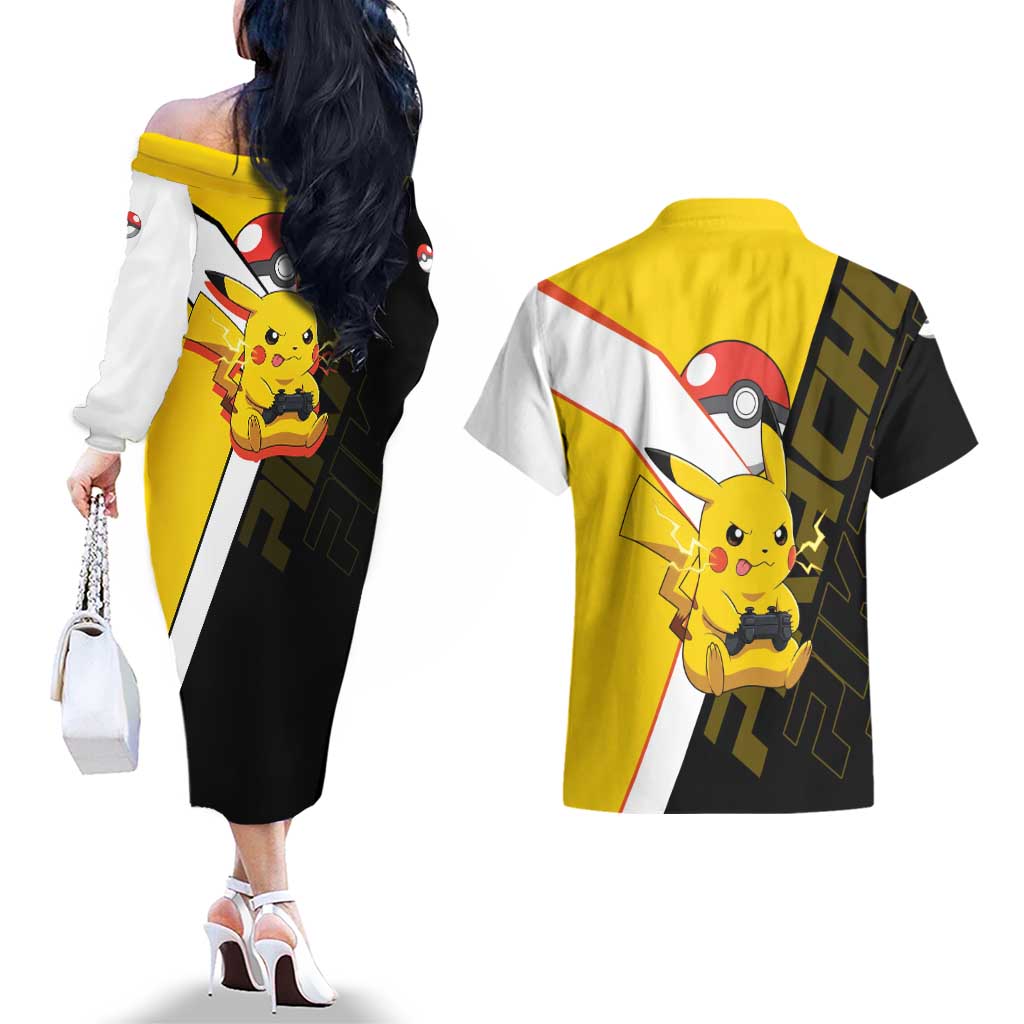 Pikachu Poké Couples Matching Off The Shoulder Long Sleeve Dress and Hawaiian Shirt Vibrant Retro Anime Style