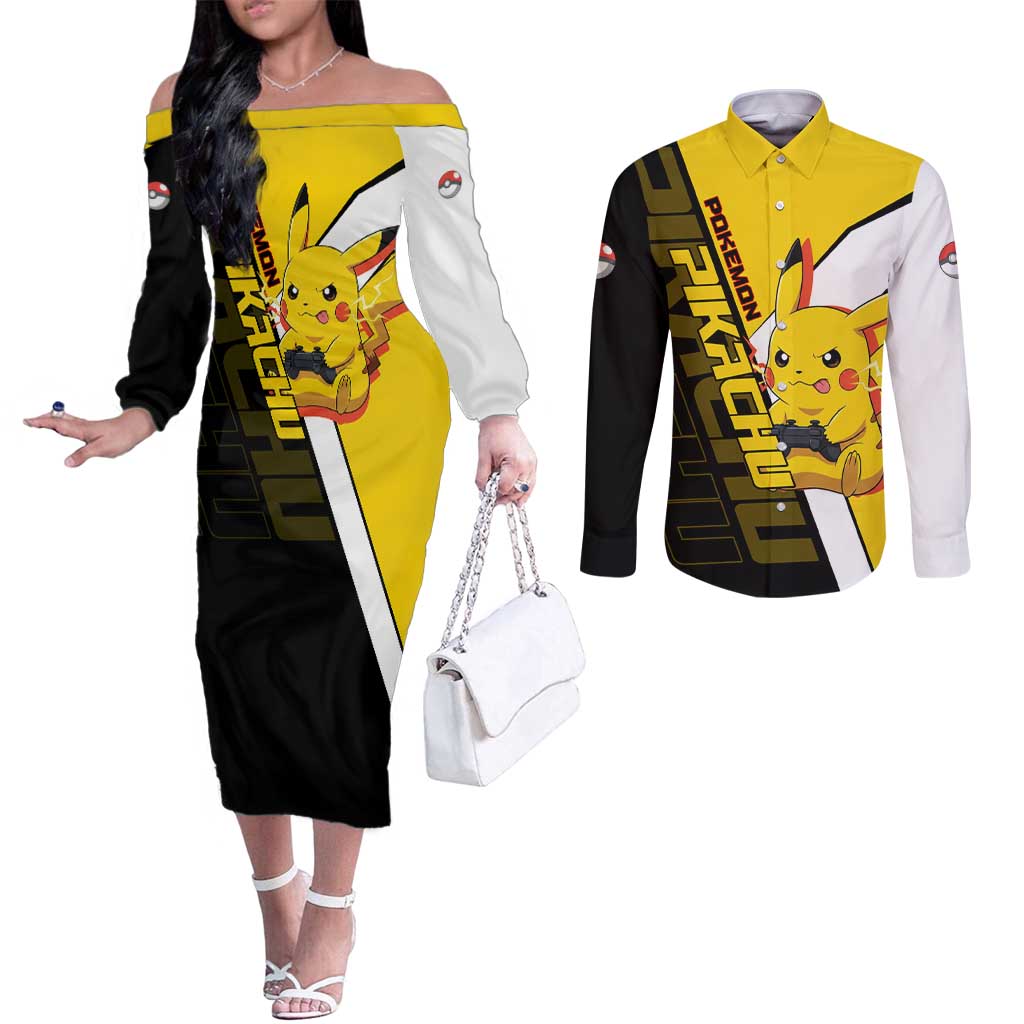 Pikachu Poké Couples Matching Off The Shoulder Long Sleeve Dress and Long Sleeve Button Shirt Vibrant Retro Anime Style