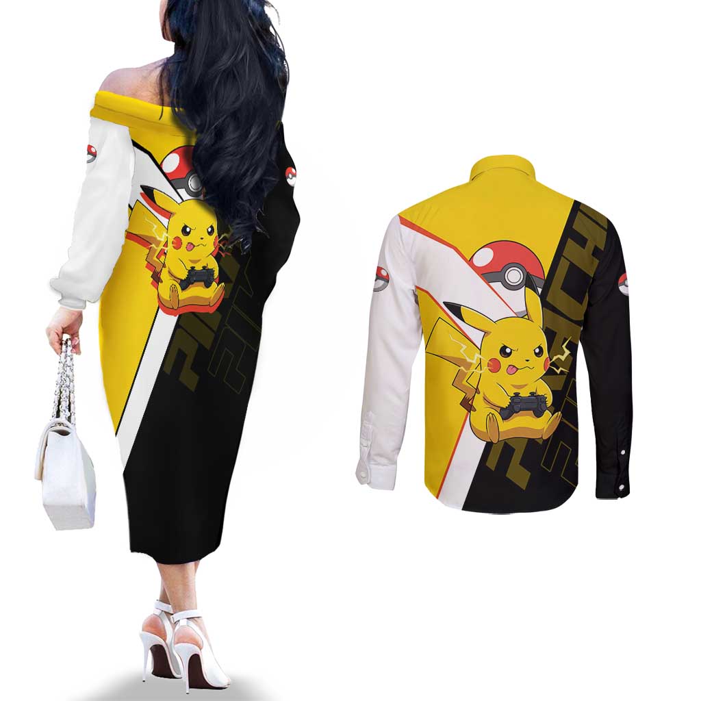 Pikachu Poké Couples Matching Off The Shoulder Long Sleeve Dress and Long Sleeve Button Shirt Vibrant Retro Anime Style