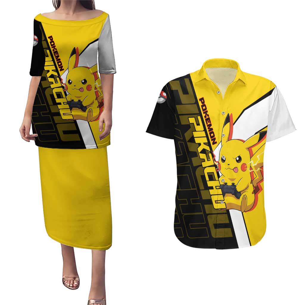 Pikachu Poké Couples Matching Puletasi and Hawaiian Shirt Vibrant Retro Anime Style