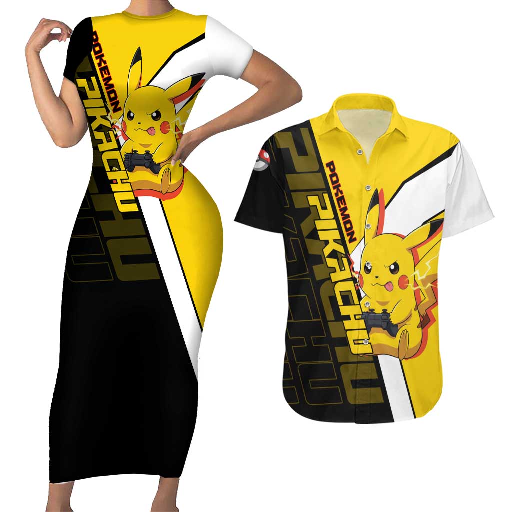 Pikachu Poké Couples Matching Short Sleeve Bodycon Dress and Hawaiian Shirt Vibrant Retro Anime Style