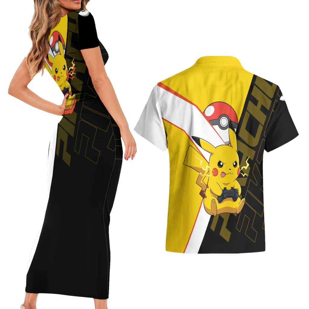 Pikachu Poké Couples Matching Short Sleeve Bodycon Dress and Hawaiian Shirt Vibrant Retro Anime Style