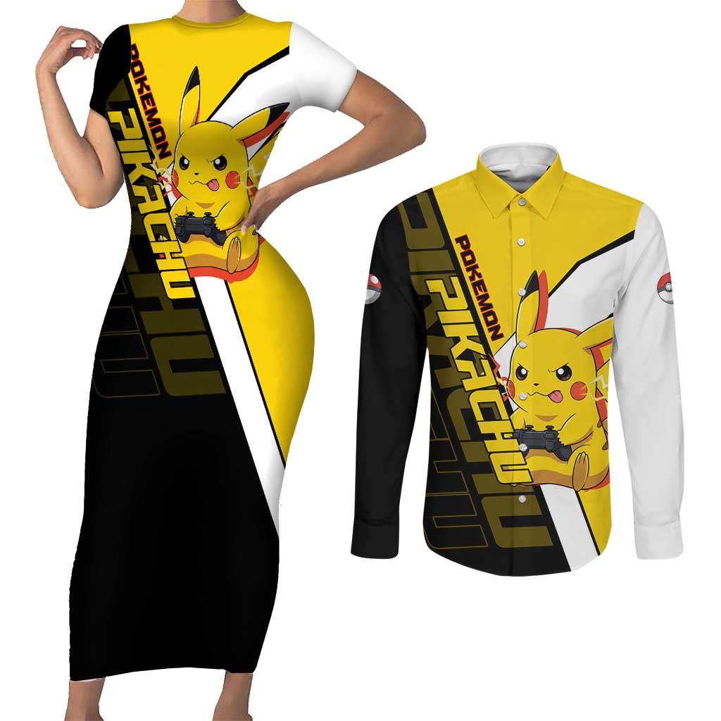 Pikachu Poké Couples Matching Short Sleeve Bodycon Dress and Long Sleeve Button Shirt Vibrant Retro Anime Style