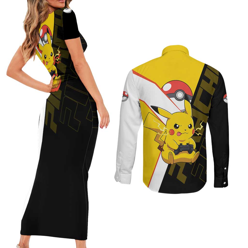 Pikachu Poké Couples Matching Short Sleeve Bodycon Dress and Long Sleeve Button Shirt Vibrant Retro Anime Style