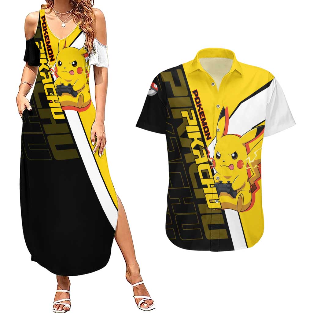 Pikachu Poké Couples Matching Summer Maxi Dress and Hawaiian Shirt Vibrant Retro Anime Style