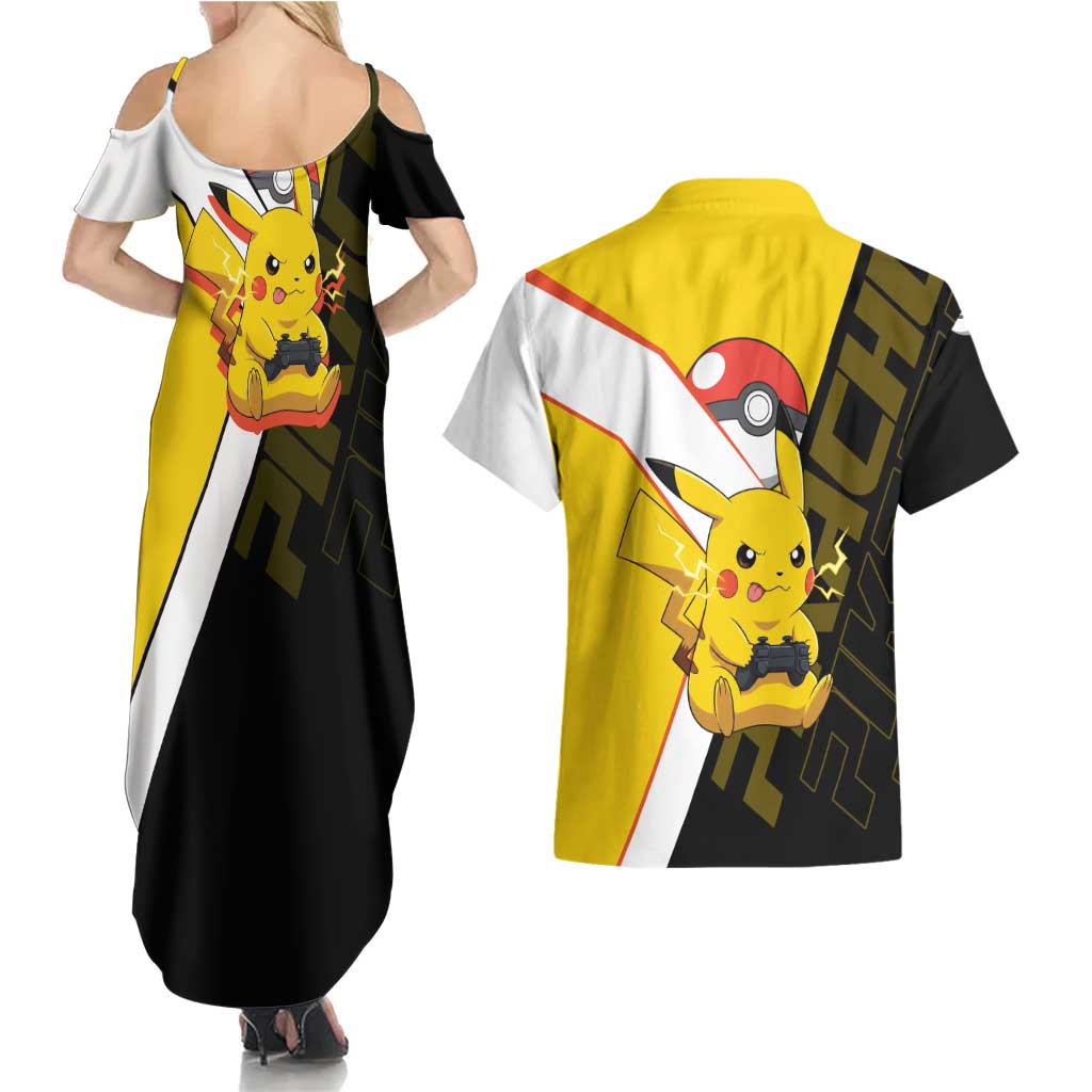 Pikachu Poké Couples Matching Summer Maxi Dress and Hawaiian Shirt Vibrant Retro Anime Style