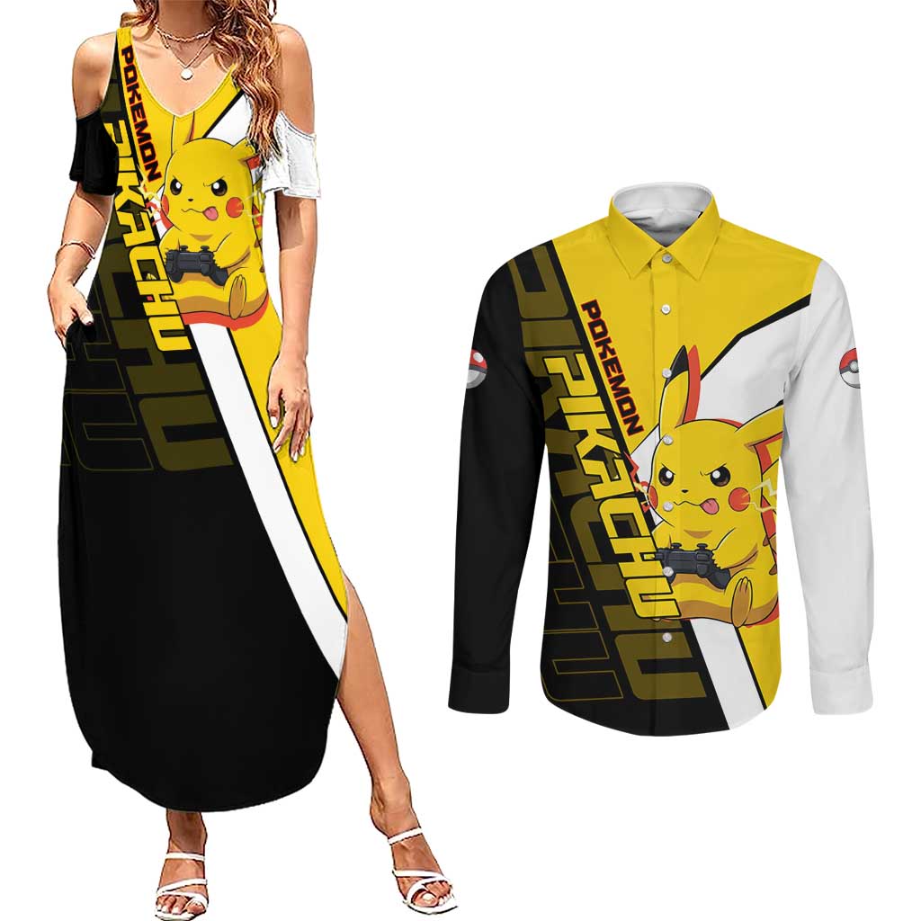 Pikachu Poké Couples Matching Summer Maxi Dress and Long Sleeve Button Shirt Vibrant Retro Anime Style