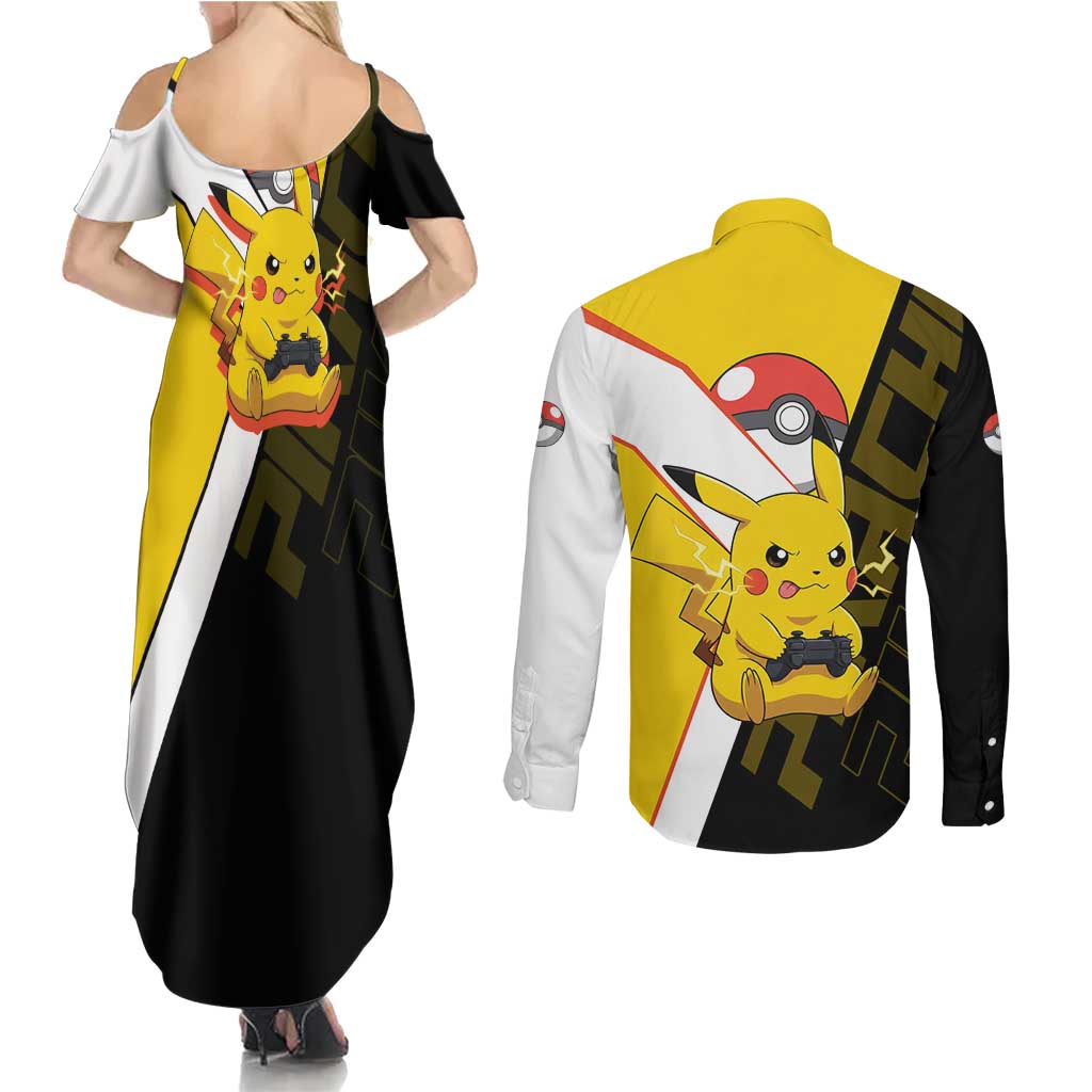 Pikachu Poké Couples Matching Summer Maxi Dress and Long Sleeve Button Shirt Vibrant Retro Anime Style